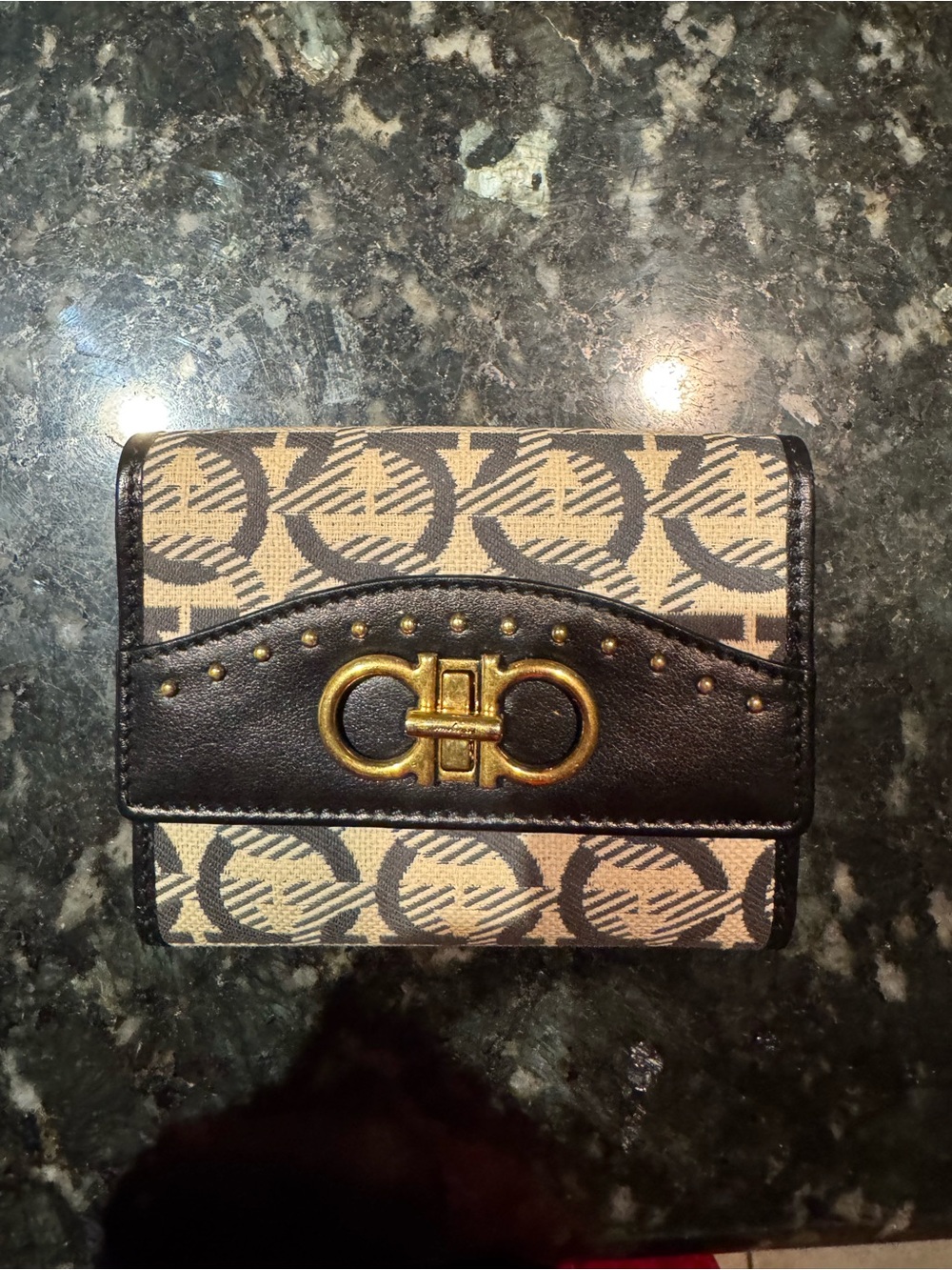 Salvatore Ferragamo Beige Monogram Card Holder with Black Trim and Gold Hardware